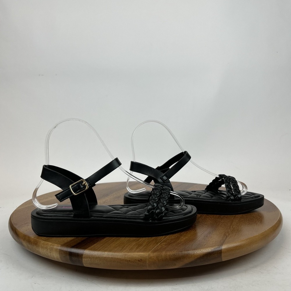 New Big Kids Kensie Girl Black Faux Leather Strappy Braided Platform Sandal Sz 2